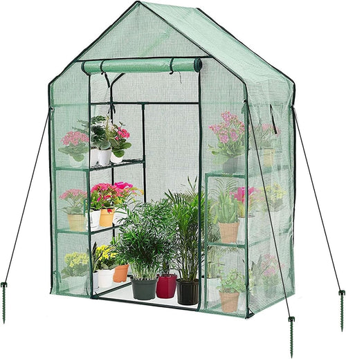 Walk-In Greenhouse with 4 Shelves Reinforced PE Cover Roll-Up Door 143x195cm