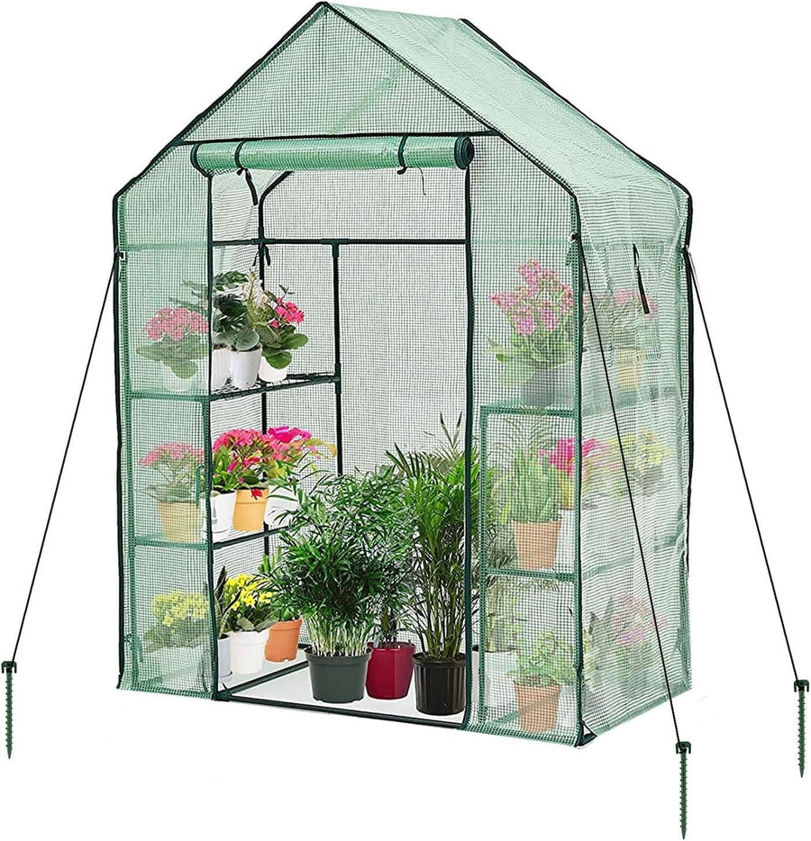 Walk-In Greenhouse with 4 Shelves Reinforced PE Cover Roll-Up Door 143x195cm