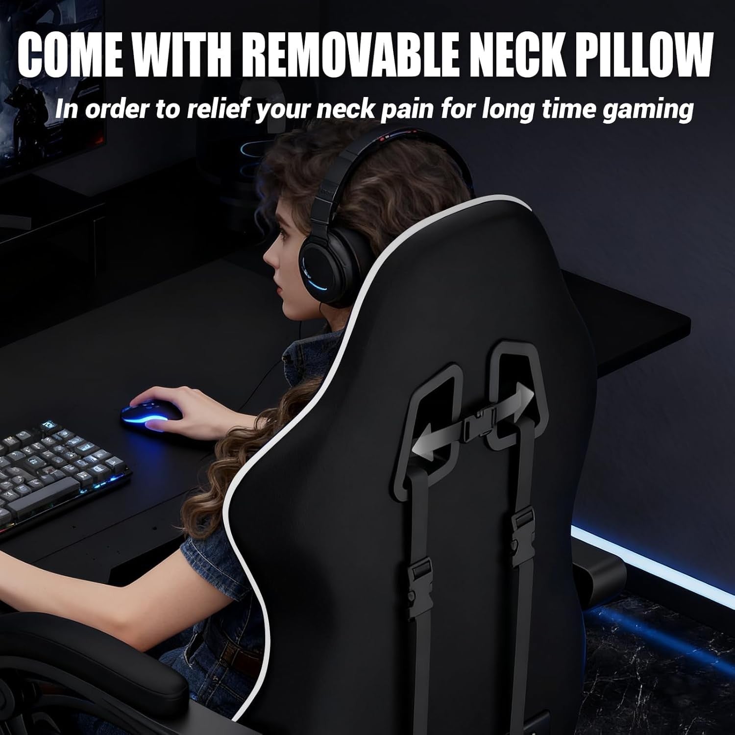 White Gaming Chair w/ Footrest Massage Lumbar Reclining