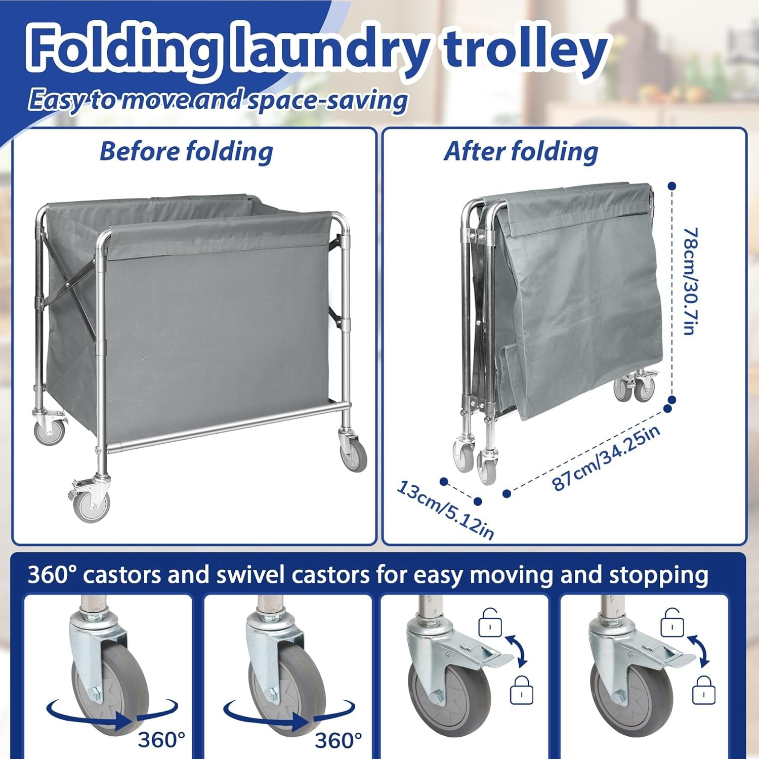 Stainless Steel Laundry Trolley with Wheels Heavy Duty 100kg Large Basket 87x52c