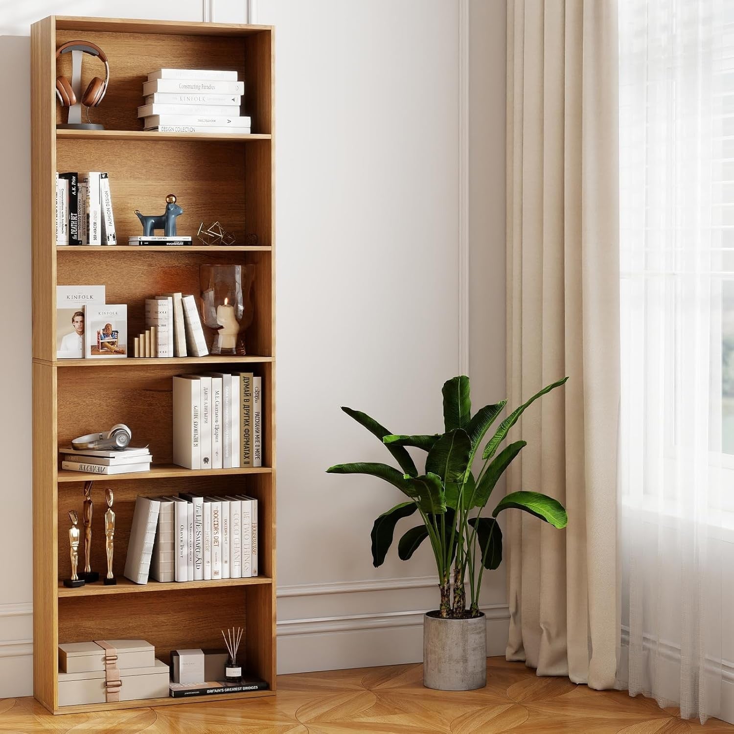 Tall 6-Tier Wooden Bookcase Storage Unit with Doors, Anti-Tip, Narrow Slim Shelf