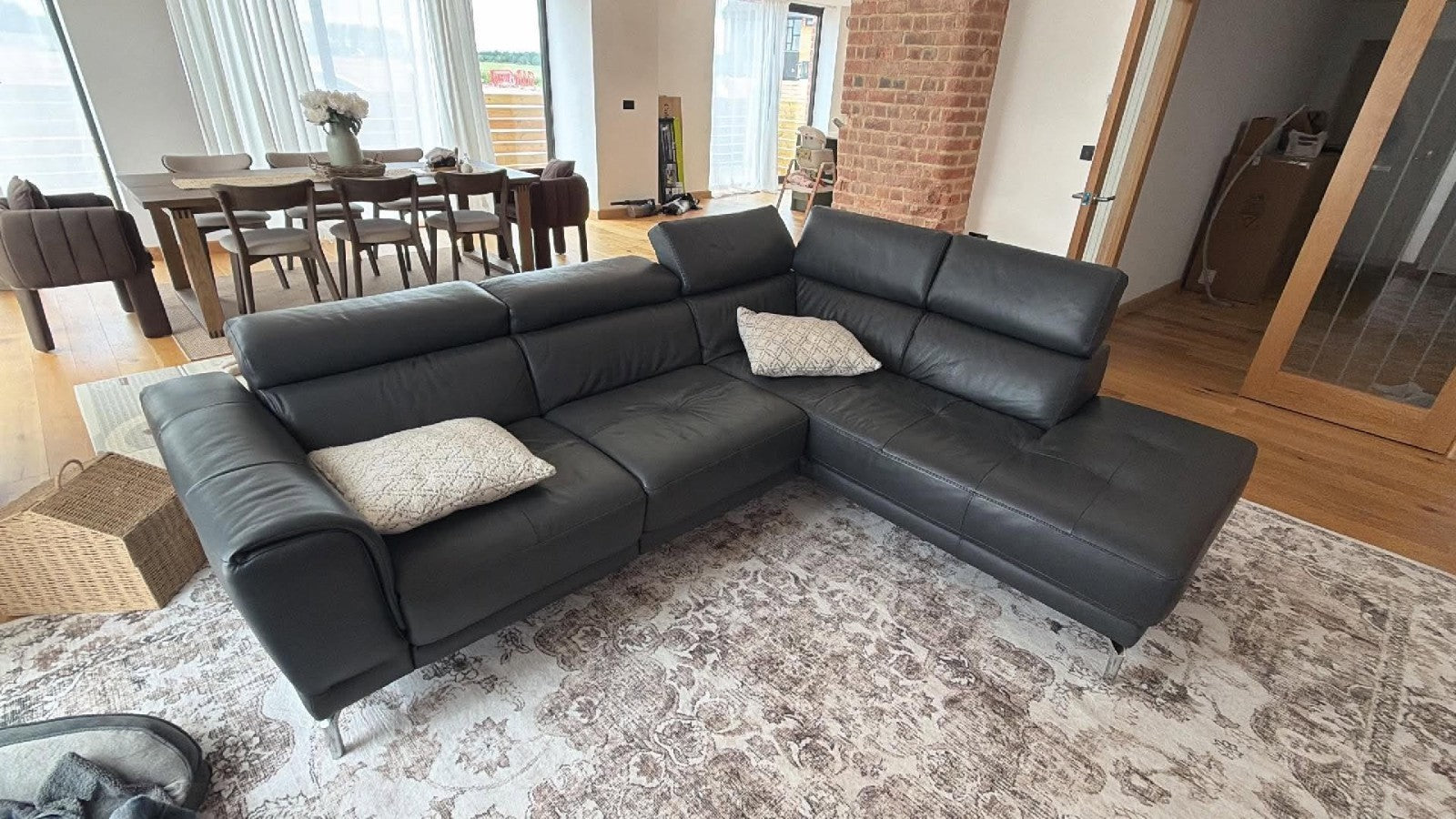 Blackish Dark Grey Leather Corner Sofa (PTP)