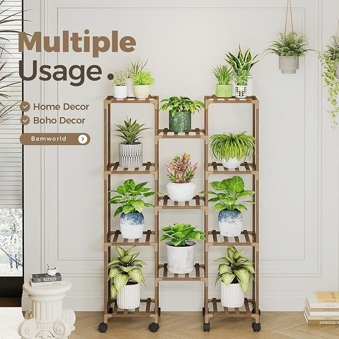 Wooden Plant Stand with Wheels Indoor Outdoor Multi-Shelf Flower Rack
