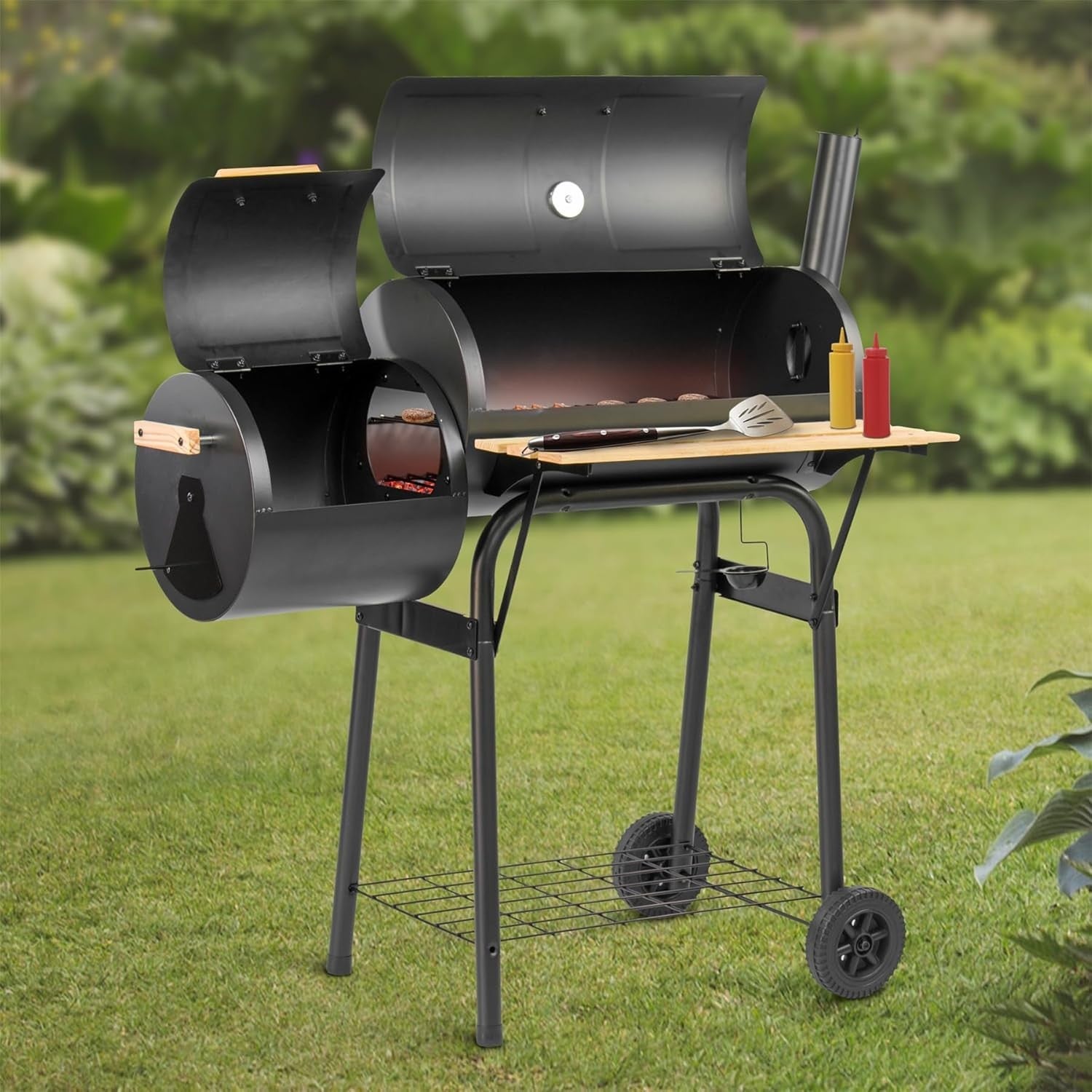 Charcoal Smoker BBQ Grill with Dual Chambers Thermometer Wheels Outdoor