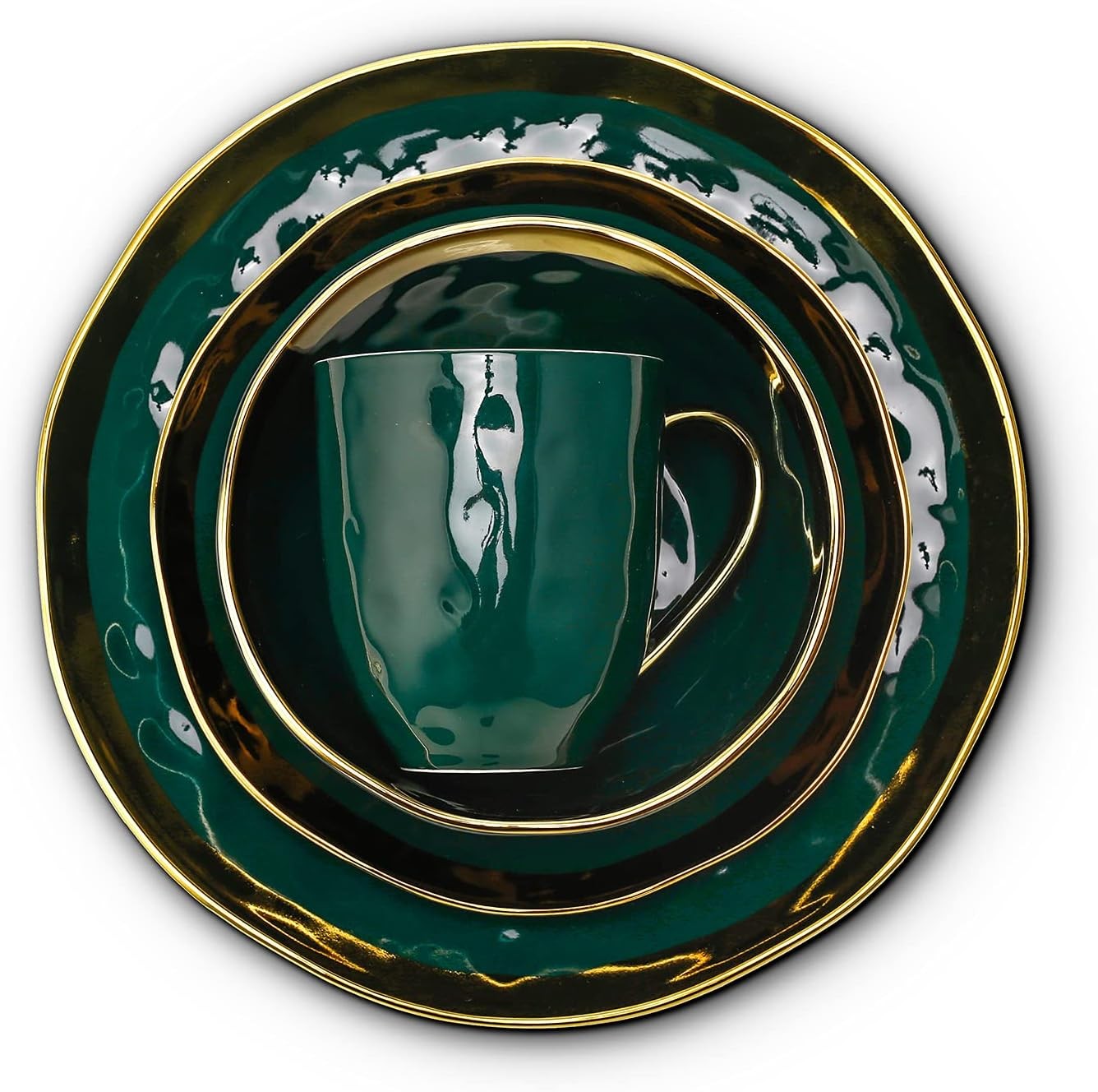 Green Gold Rim Dinnerware Set 16 Piece Porcelain Plates Bowls Service for 4