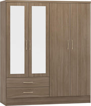 Rustic 4 Door 2 Drawer Oak Wardrobe with Mirror & Spacious Storage