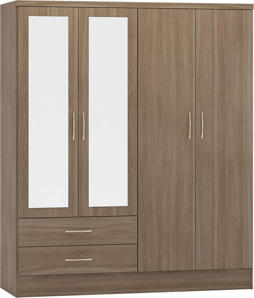 Rustic 4 Door 2 Drawer Oak Wardrobe with Mirror & Spacious Storage