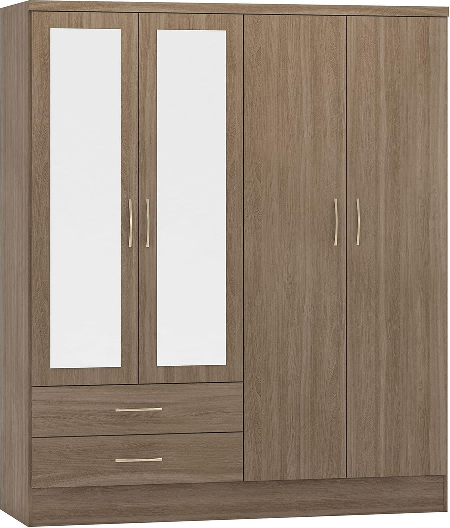 Rustic 4 Door 2 Drawer Oak Wardrobe with Mirror & Spacious Storage