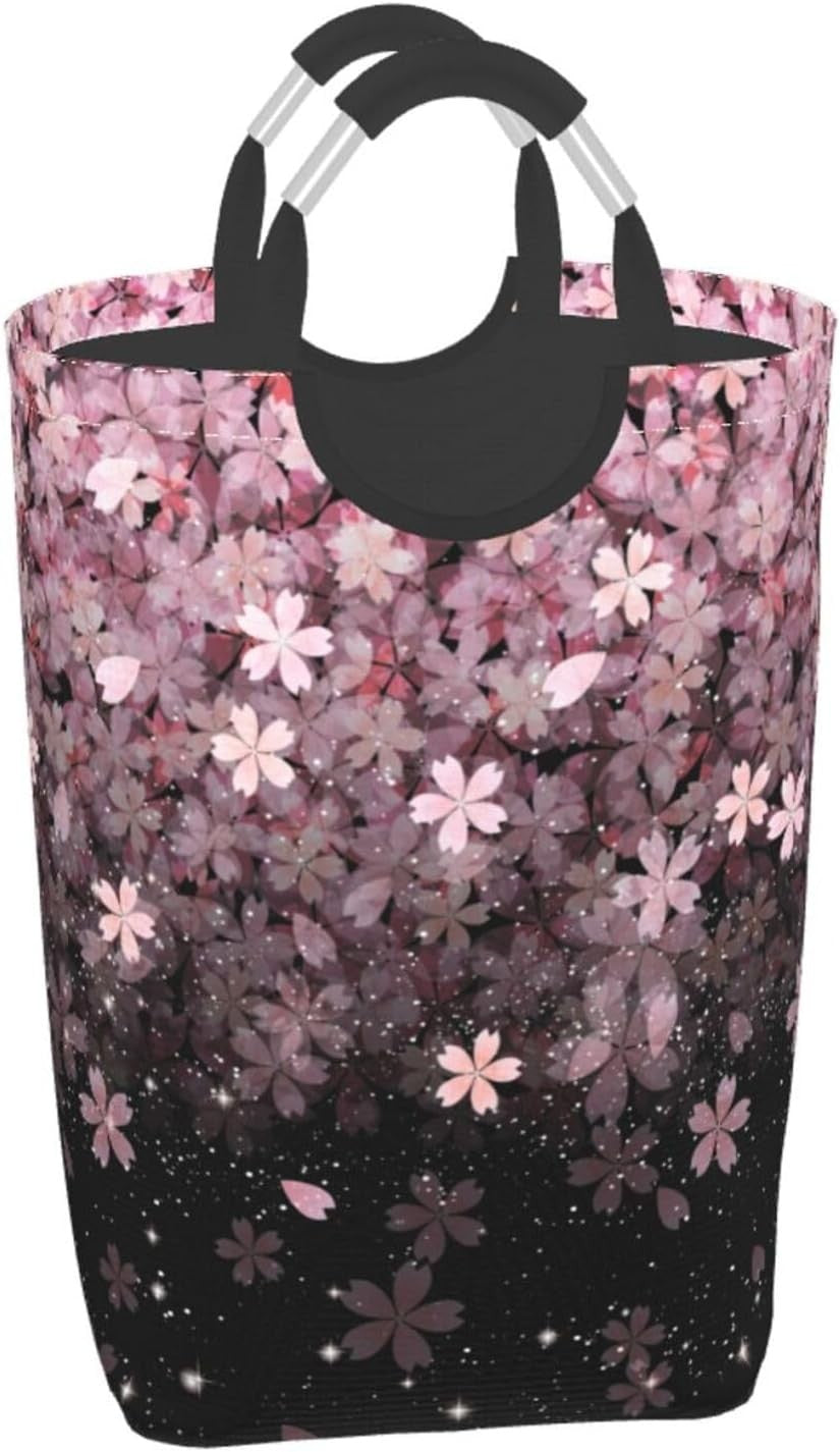 50L Cherry Blossom Laundry Basket Foldable Floral Hamper with Handles Pink