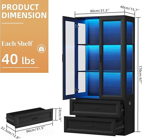Tall Black Display Cabinet with LED Lights & Glass Doors – 67" Storage Unit