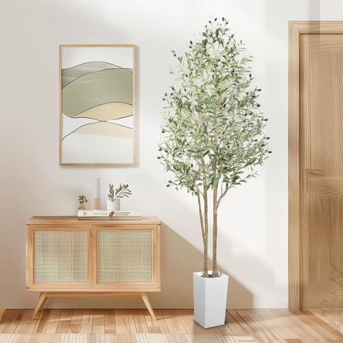 7FT Faux Olive Tree Tall White Pot Natural Wood Trunk Indoor Room Floor Decor