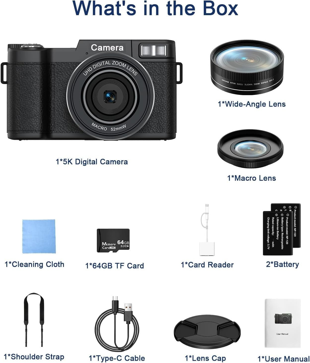 5K 64MP Vlogging Camera WiFi Flip Screen w/ 64GB Card & Lens