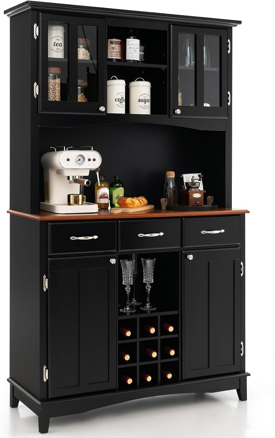 Black Kitchen Sideboard 185cm Storage Cabinet Wine Rack Drawers Glass Doors