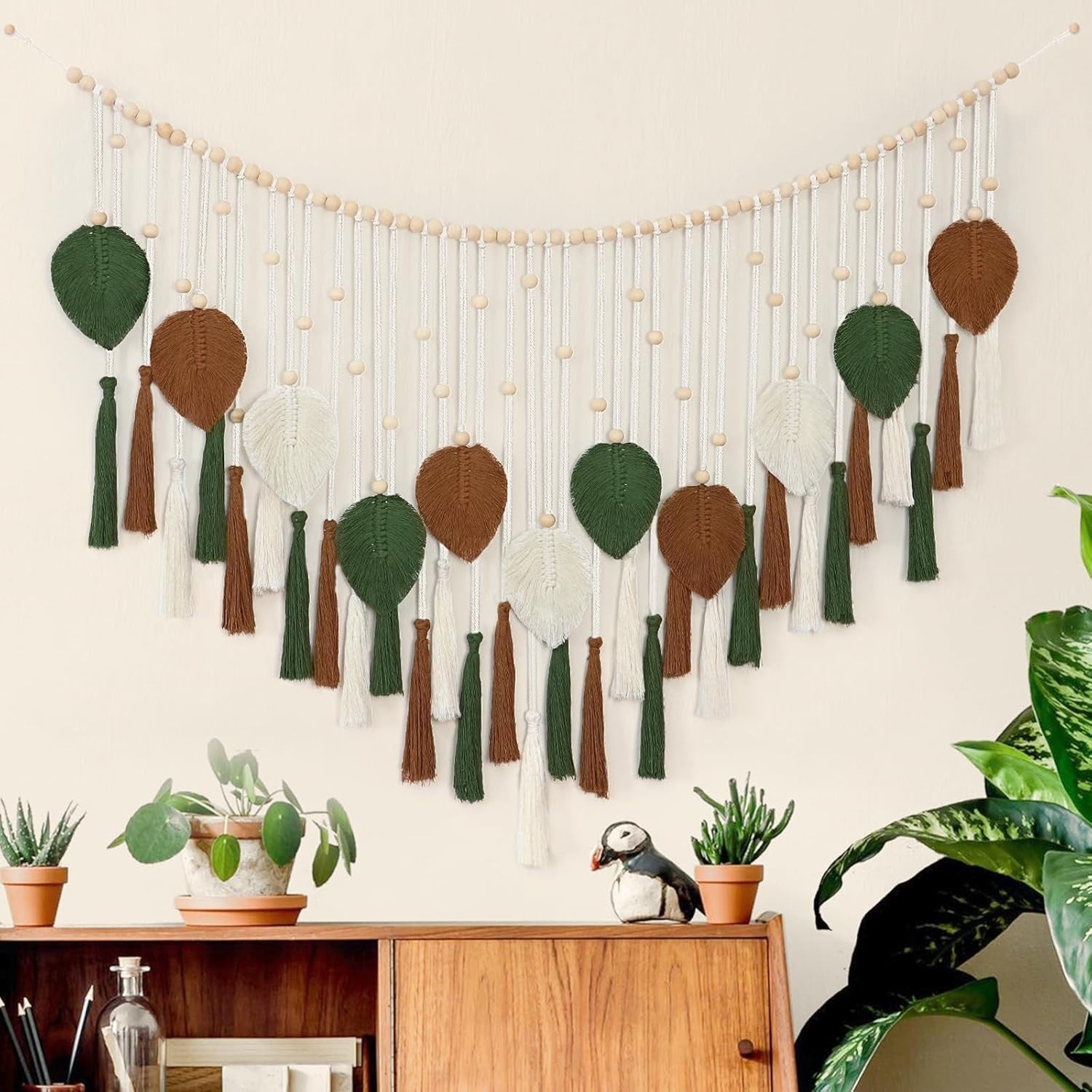 Large Brown Green Macrame Wall Hanging Leaf Tassel Boho Decor