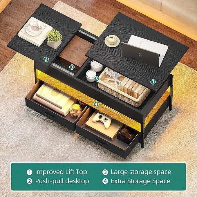 Height Adjustable Coffee Table with Storage Drawers & LED Lights Black
