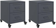 Set of 2 Grey Metal Bedside Tables with Wheels | Modern Mobile Nightstands