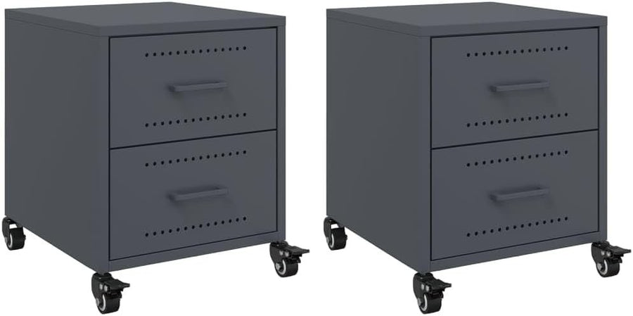 Set of 2 Grey Metal Bedside Tables with Wheels | Modern Mobile Nightstands