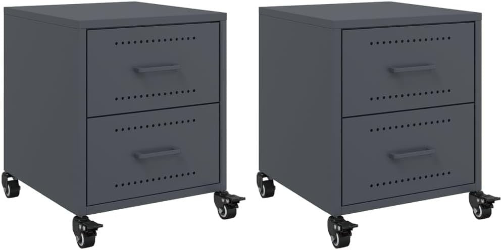 Set of 2 Grey Metal Bedside Tables with Wheels | Modern Mobile Nightstands