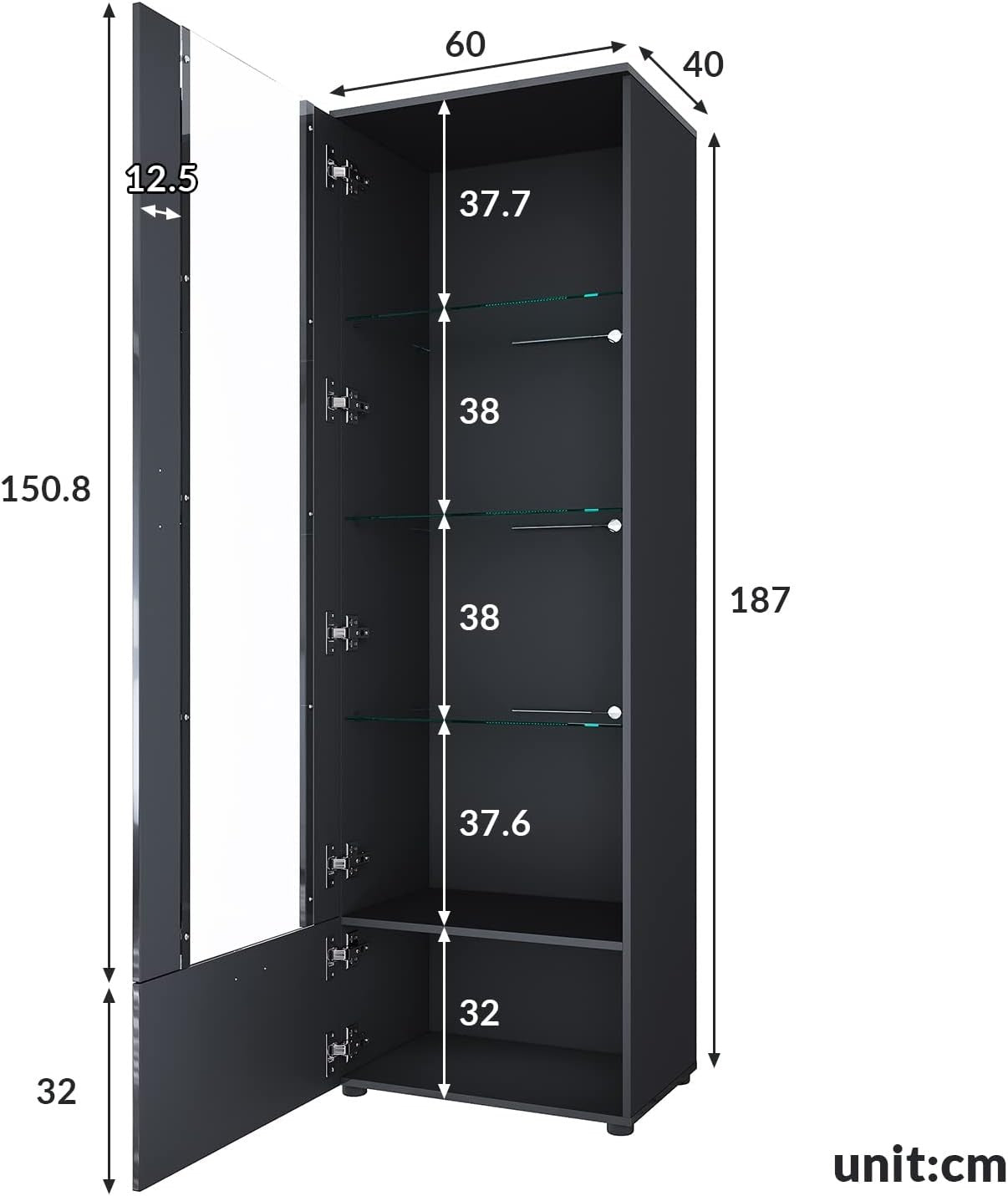 Tall Black Gloss LED Display Cabinet 187cm Modern Showcase Unit with Glass Shelv