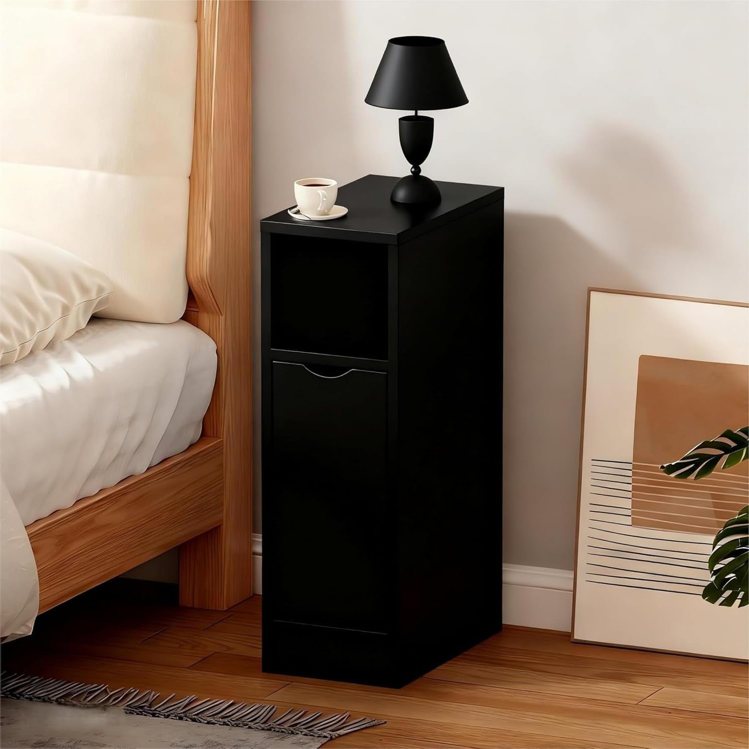 Slim Bedside Table Drawer & Shelf Narrow Nightstand Small Space Storage