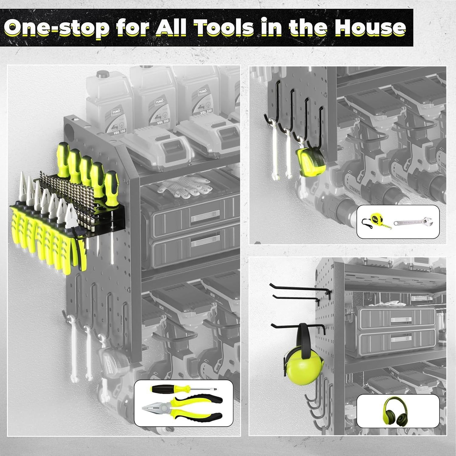 Black Adjustable Wall-Mount Power Tool Organizer 8 Drill Holder Rack