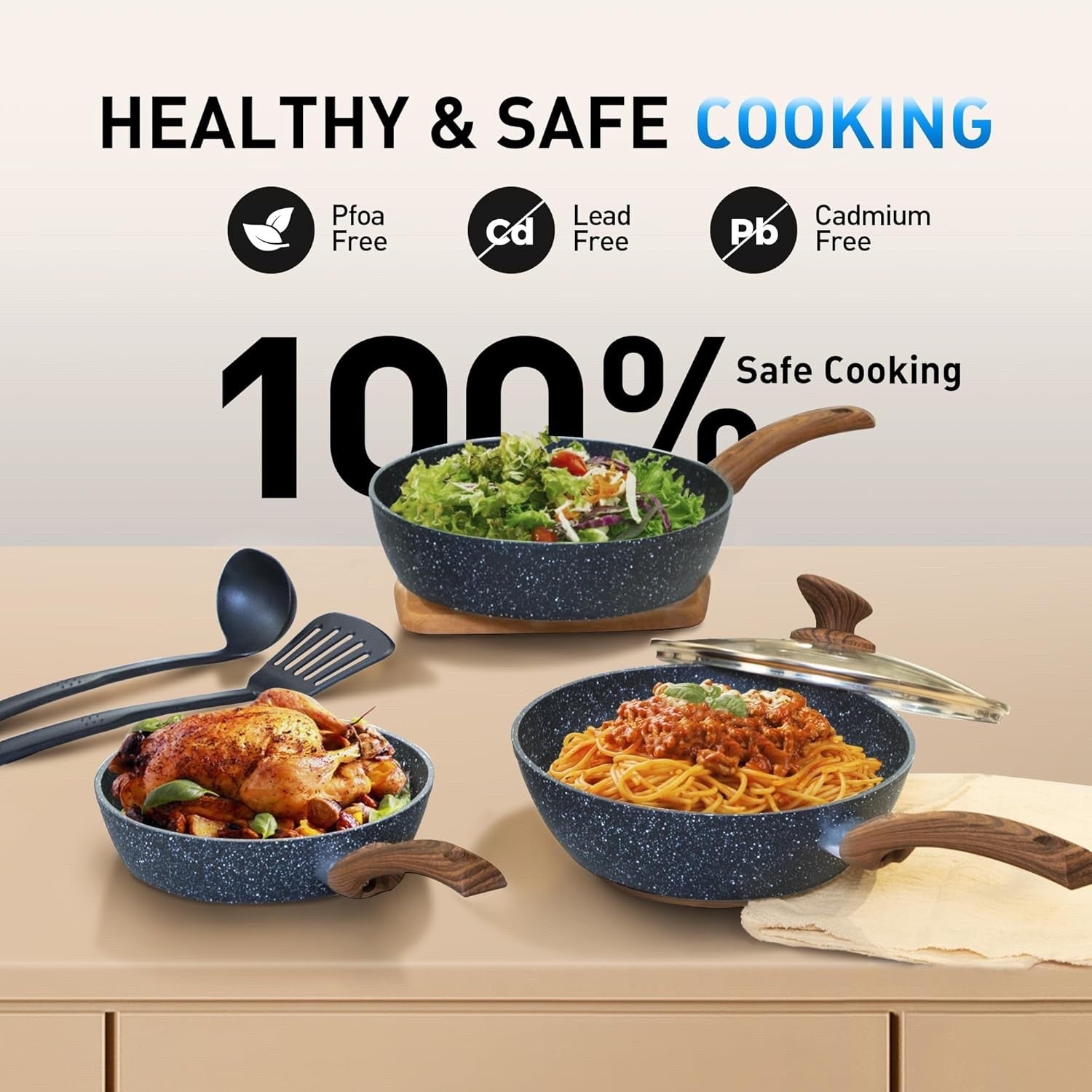 12pc Blue Non Stick Cookware Set Induction Ready Pots Pans with Lids & Utensils