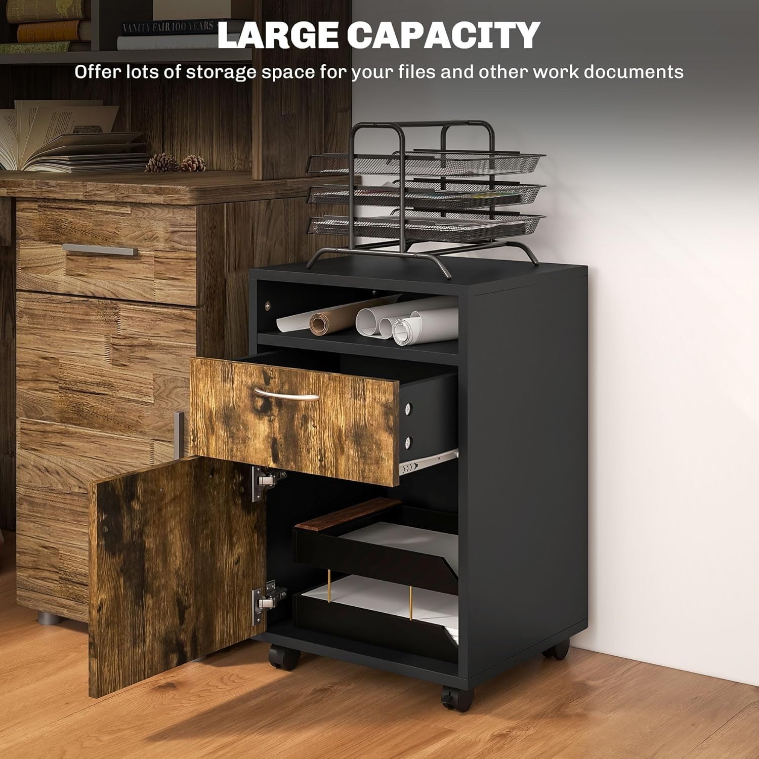 Rustic Brown Mobile Filing Cabinet with Wheels Drawer Storage for Home Office