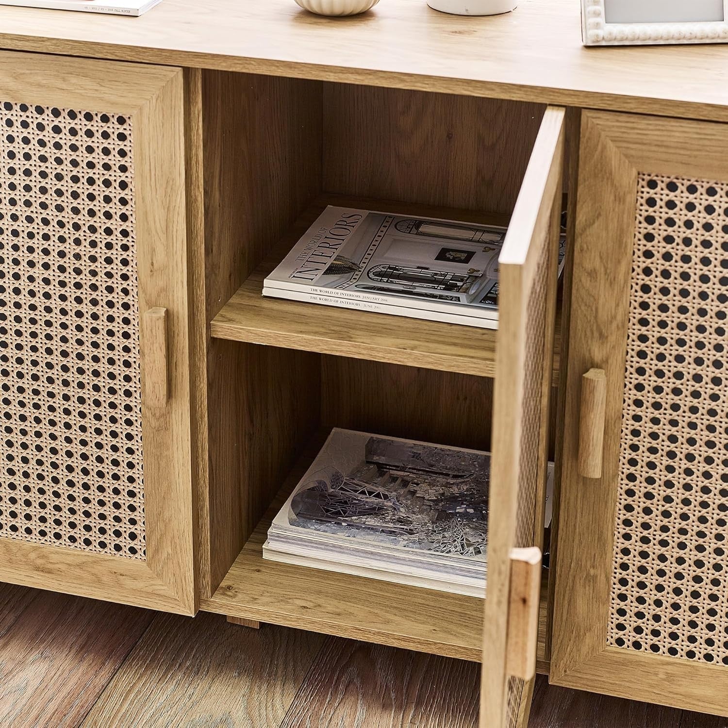 Bohemian Oak Sideboard 3 Doors Storage Cabinet with Shelving for Living Room