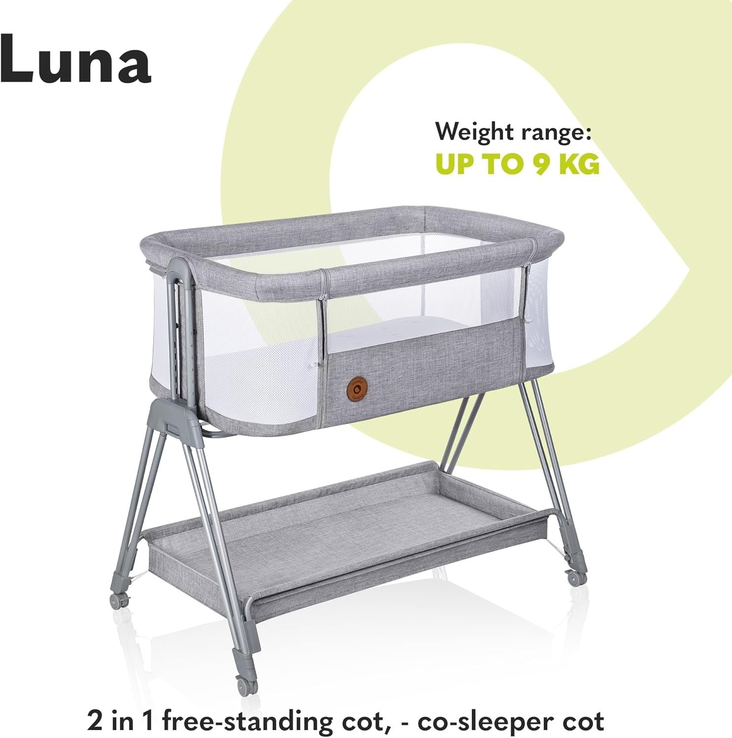 2in1 Baby Bedside Crib Adjustable Height Incline Cot with Wheels & Storage Grey