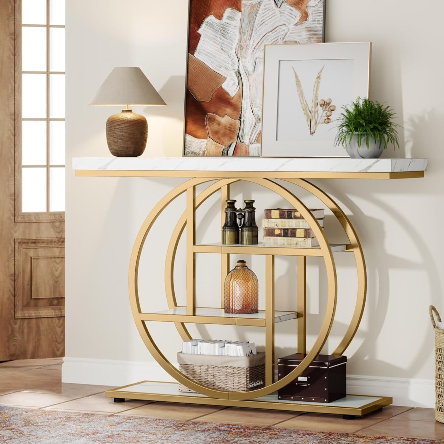 Industrial Console Table 4 Tier Shelf Narrow Entry Table w/ Circle Base