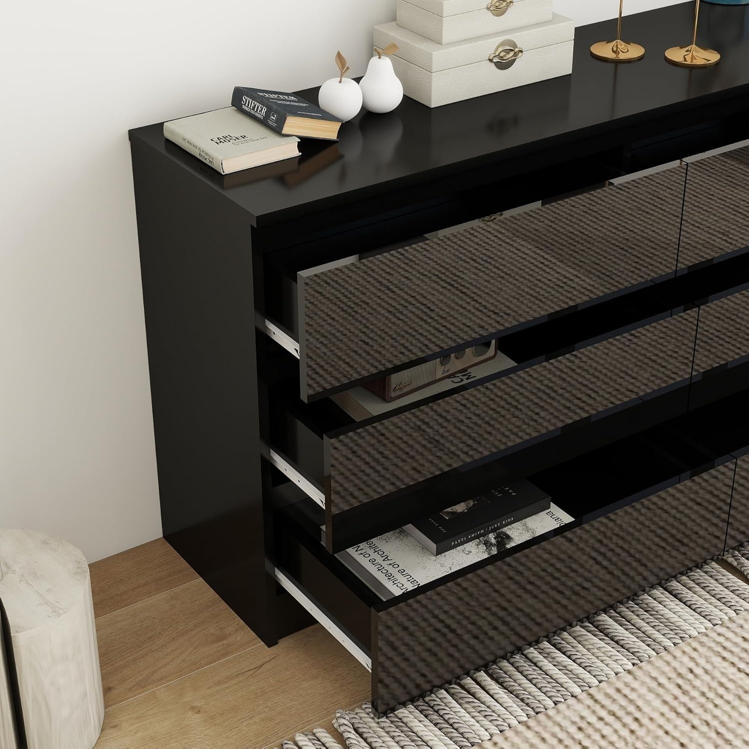 High-Gloss 6 Drawer Chest - Sleek Handleless Storage for Bedroom & Living Room