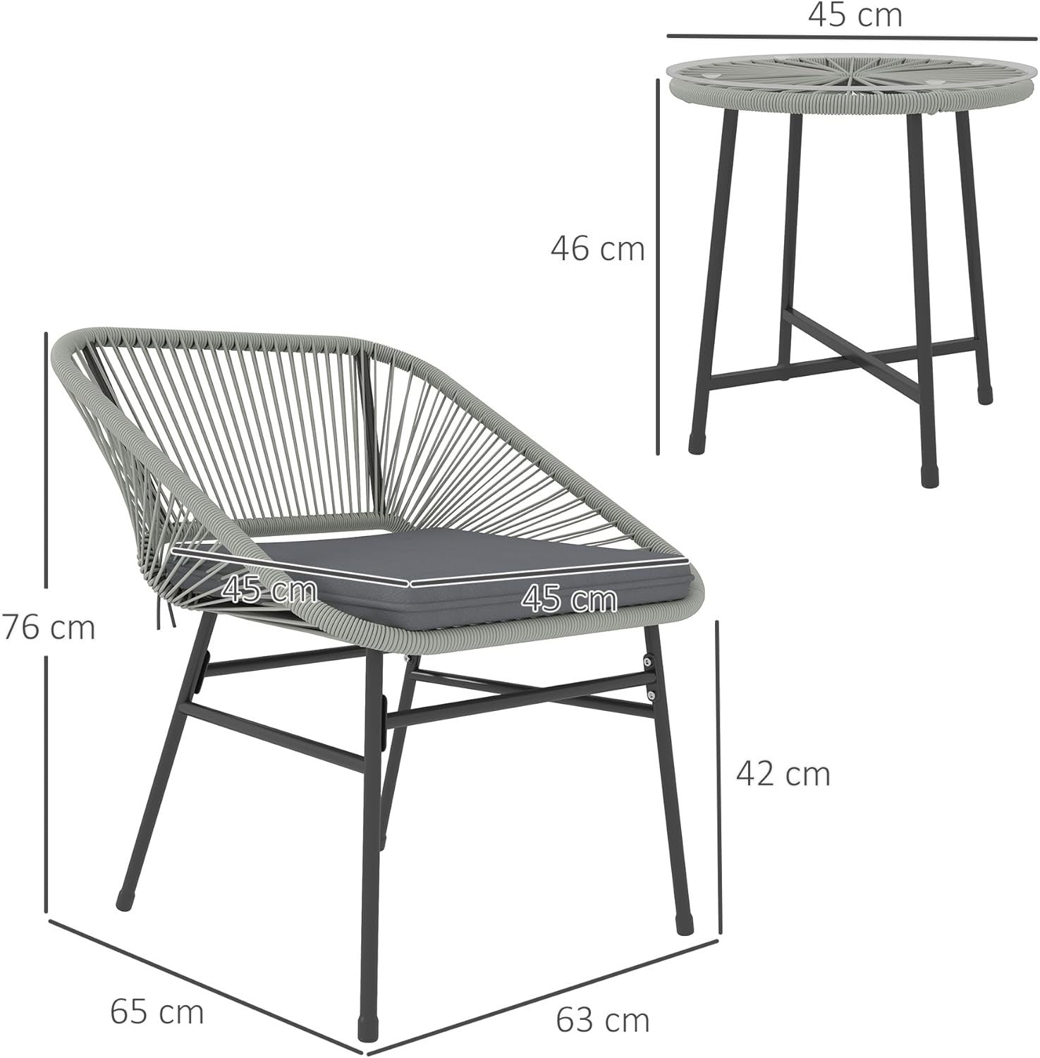 Light Grey Rattan Bistro Set 3PC Cushioned Chairs Round Table Balcony Patio