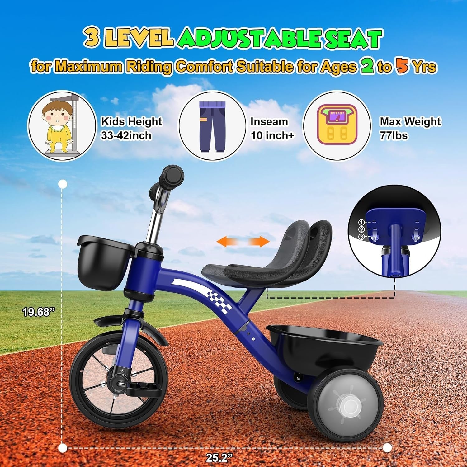 Kids Tricycle LED Light Wheels Balance Bike Adjustable Seat Boys 2-5Y