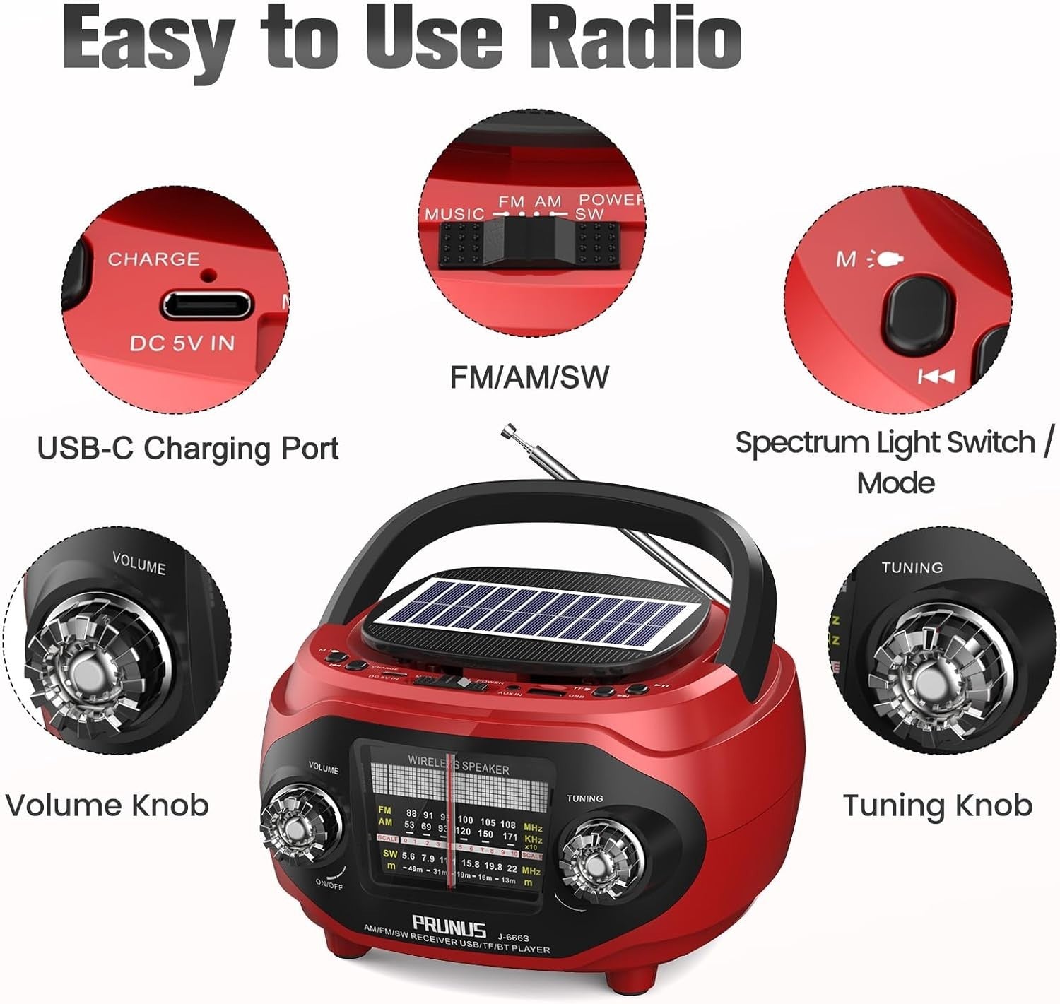 Portable Retro AM/FM/SW Radio Bluetooth 15W Speaker Rechargeable Solar