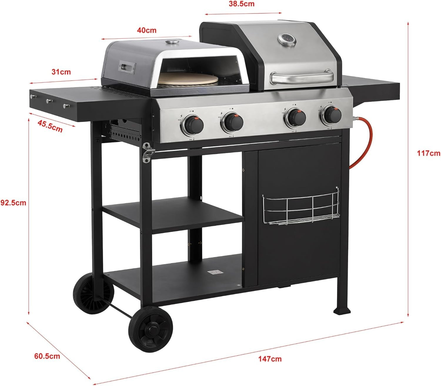 3-in-1 Gas BBQ Grill with Pizza Oven & Hot Plate | 4 Burner | Foldable Shelves