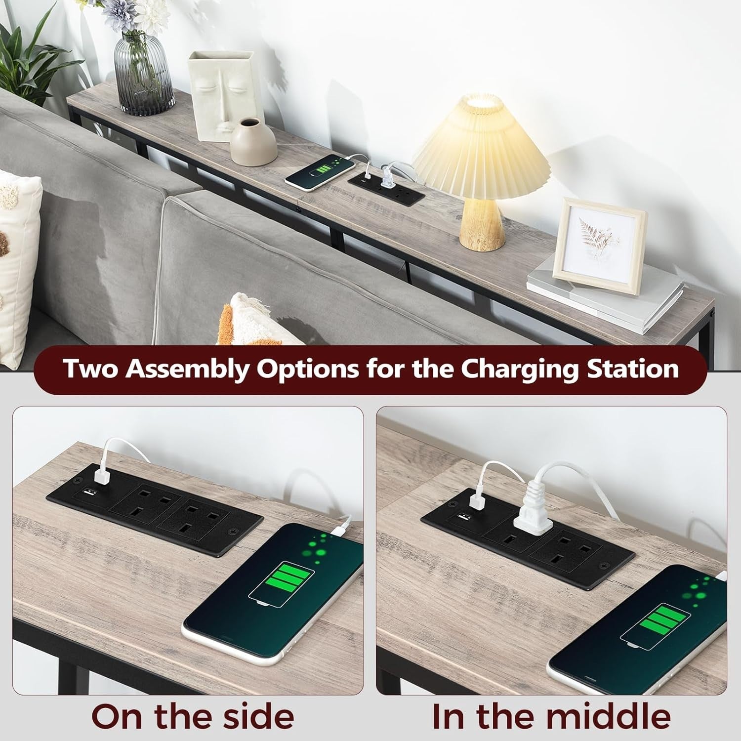 Power Strip Sofa Table 180cm Narrow Console with USB Ports & Rotatable Top