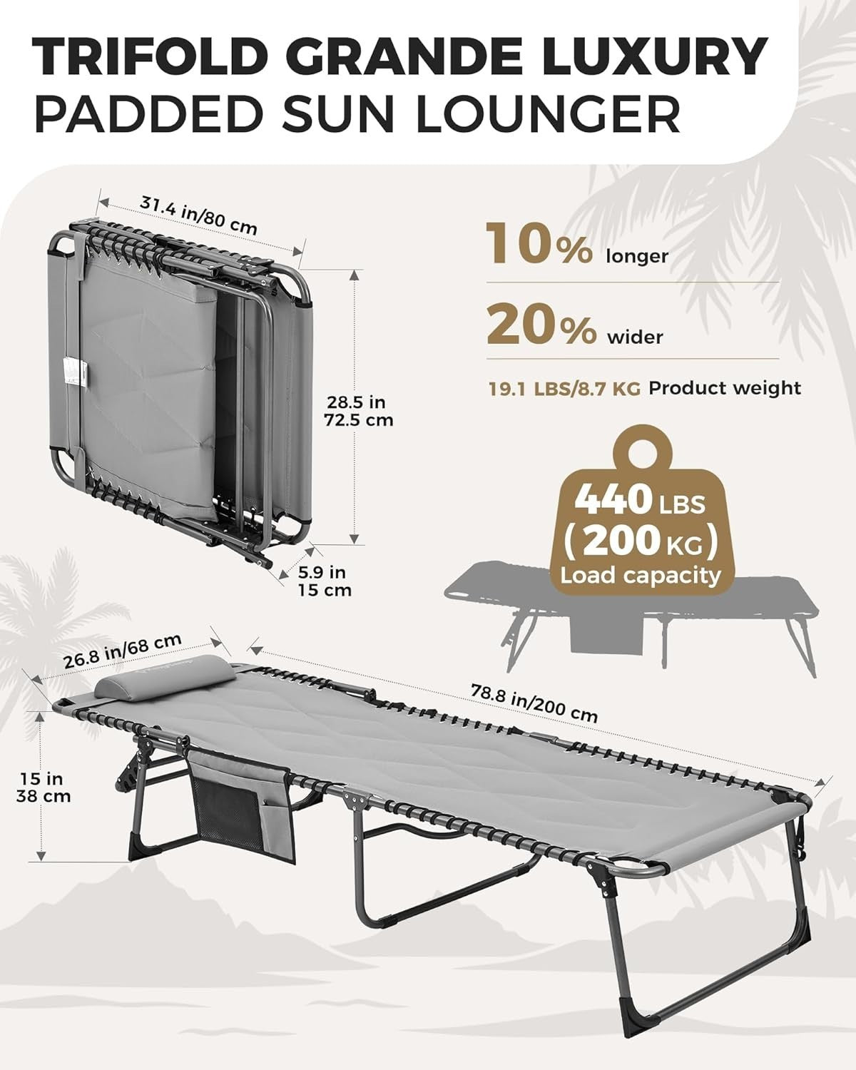 Folding XL Sun Lounger Recliner Chair Padded 200kg Garden Bed Heavy Duty