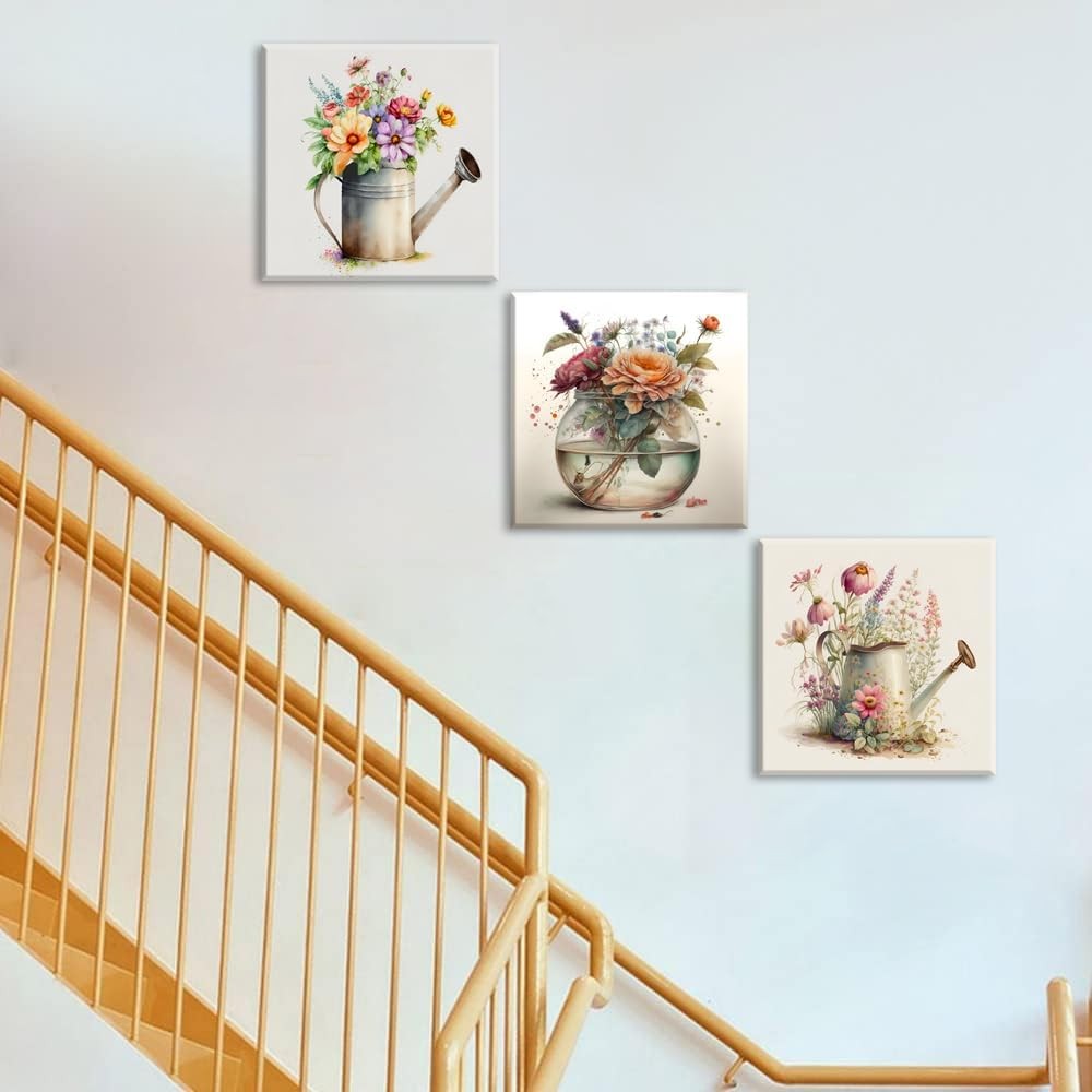 3 Piece Floral Wall Art Set Framed Retro Style 12x12 in Home Decor