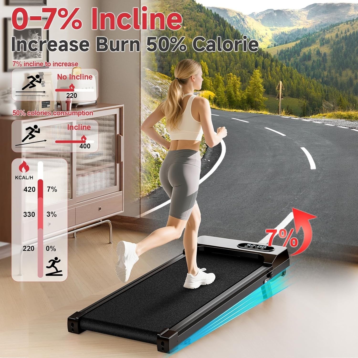 Portable Under Desk Treadmill Incline Walking Pad 8km/h Slim Home Gym
