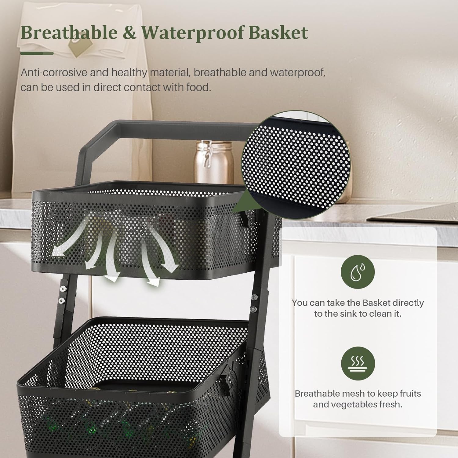 3 Tier Rolling Storage Trolley Metal Basket Organizer with Wheels Black