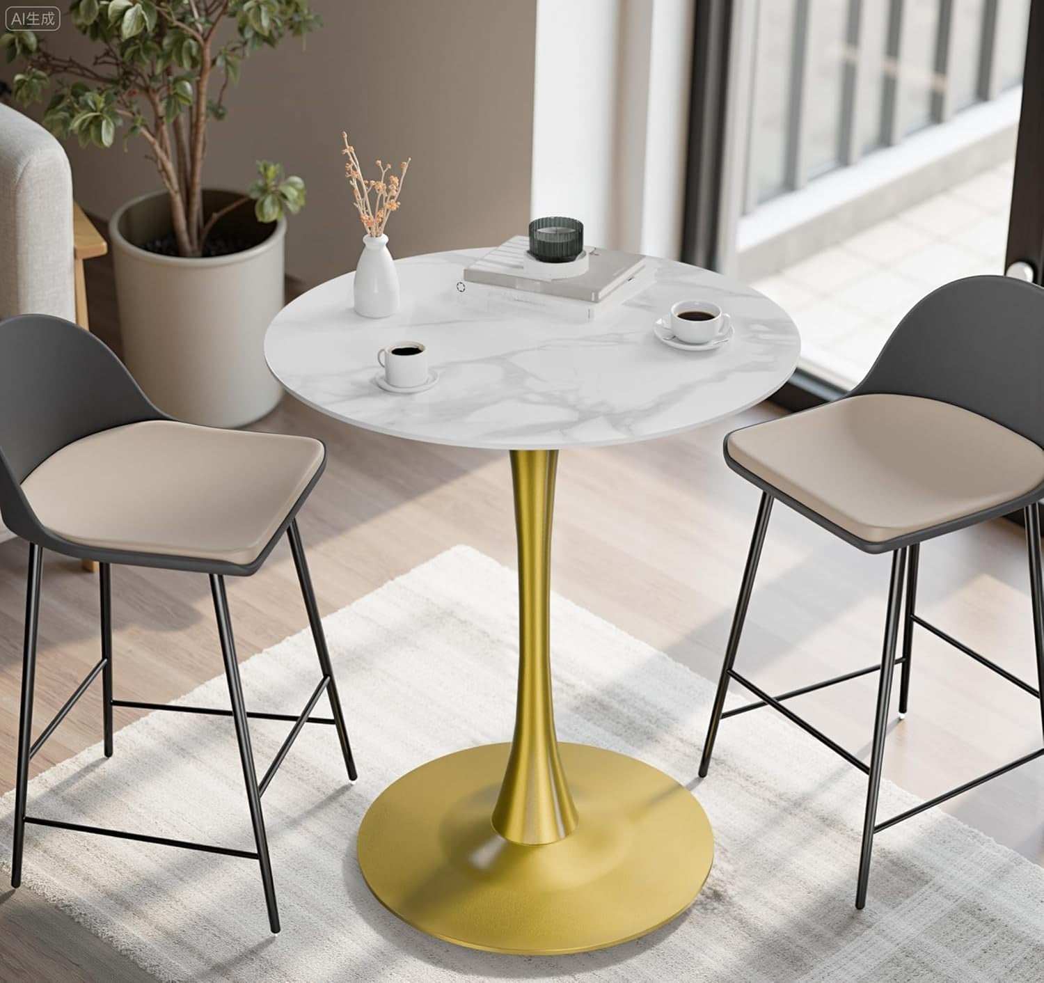 Rich White 76cm Round Bar Table Tall 100cm Sintered Stone Top Gold Metal Base