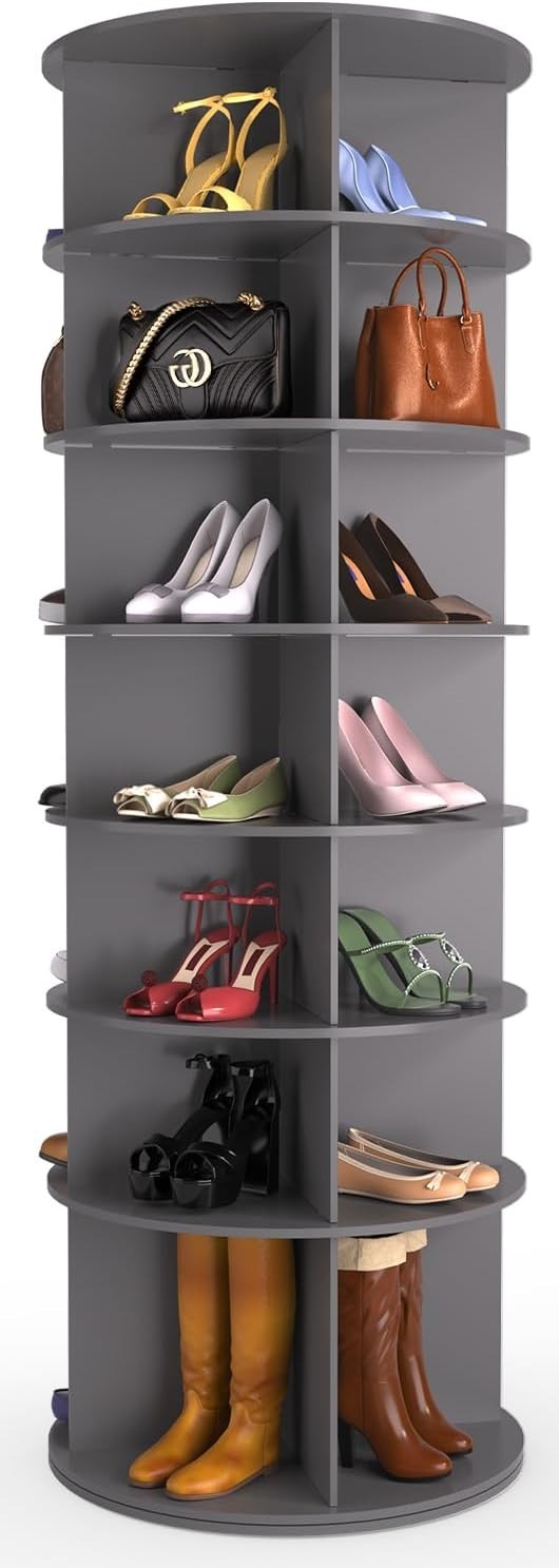 7-Tier Rotating Shoe Rack Tower 67" | 360° Revolving Organizer Stand – Grey