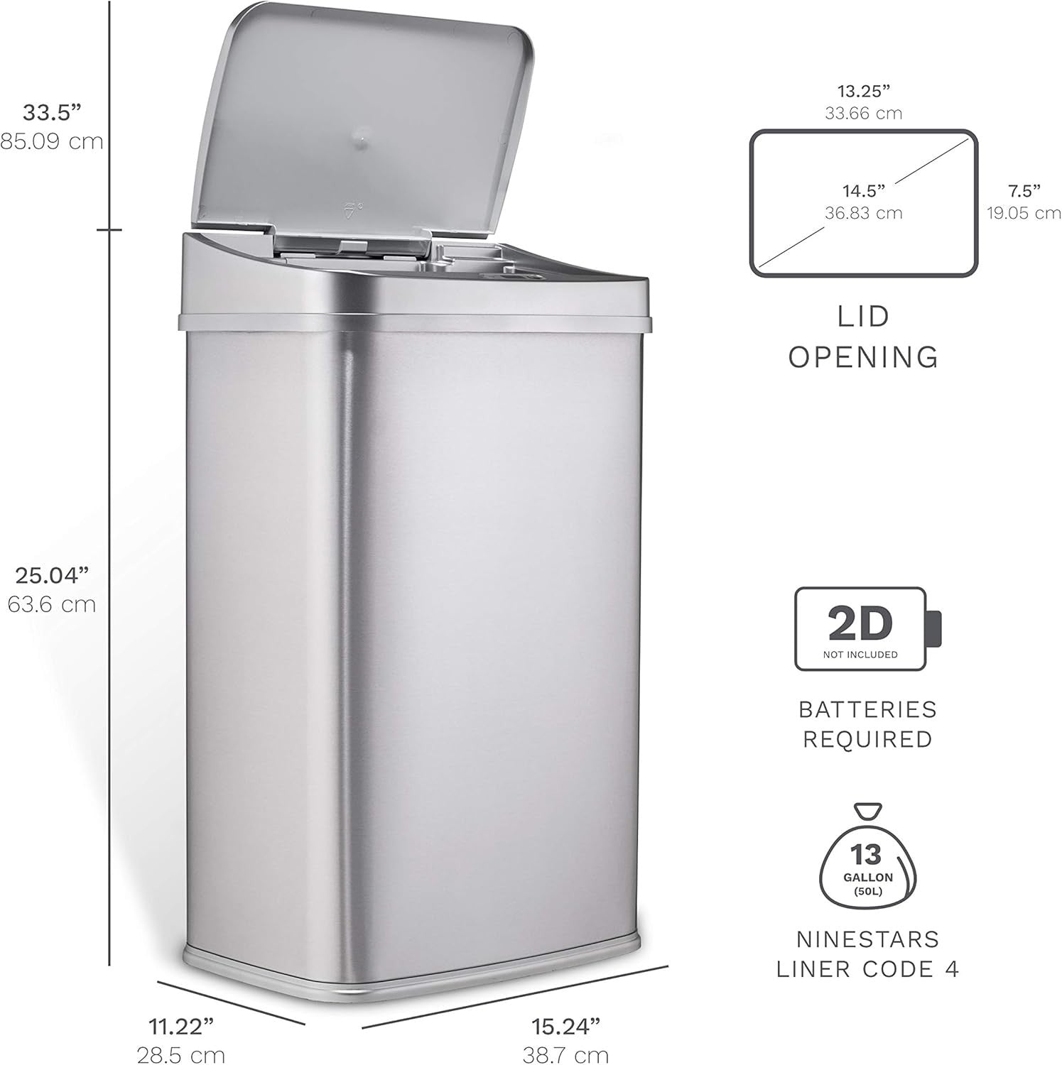 13 Gallon Touchless Motion Sensor Trash Can Silver Trim Lid