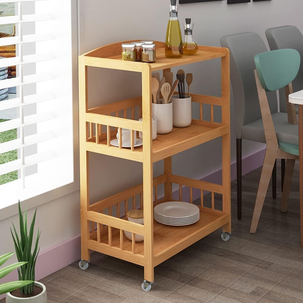 Bamboo Kitchen Trolley 3 Tier 80cm Wheels
