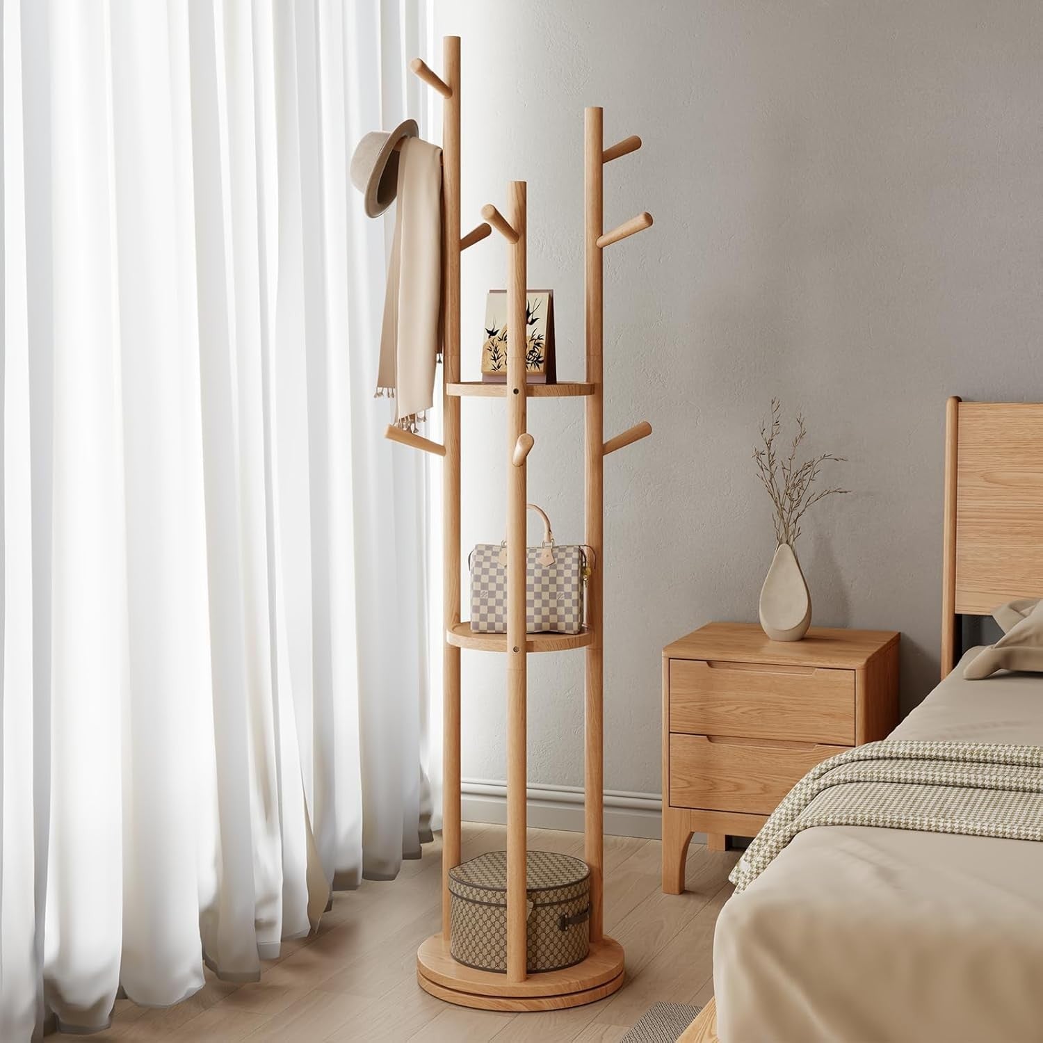 Wooden Coat Rack Stand with 3 Shelves | 360° Rotating Hall Tree 9 Hooks