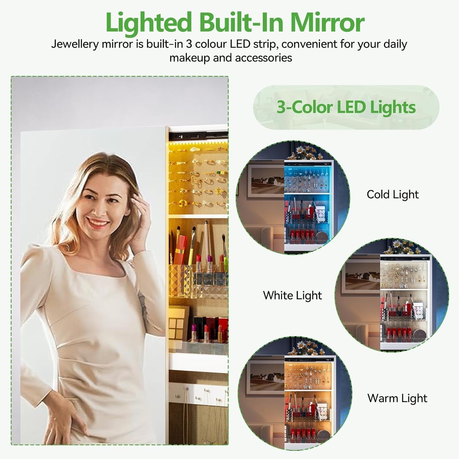White 360° Rotating Jewellery Cabinet Sliding Door LED Mirror with Wheels