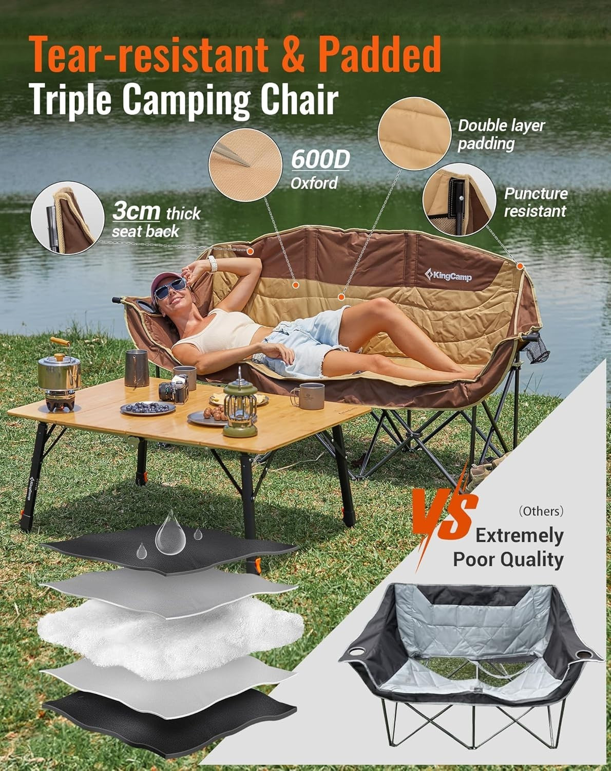 3 Seater Folding Camping Sofa Chair Heavy Duty Outdoor Garden Seat 300kg