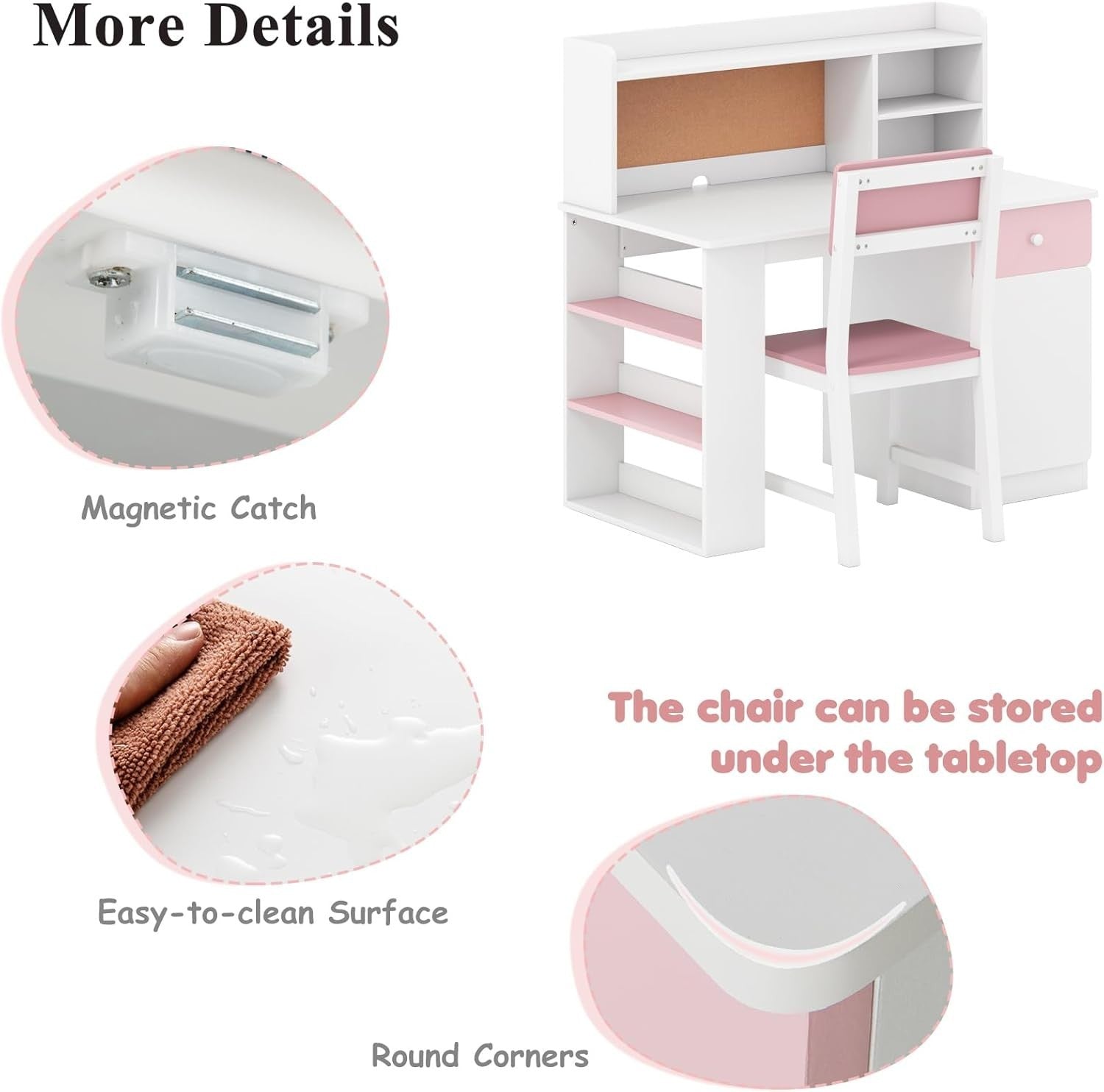 Kids Study Desk & Chair Set Wooden Children’s Table w/ Storage Shelf Pink White