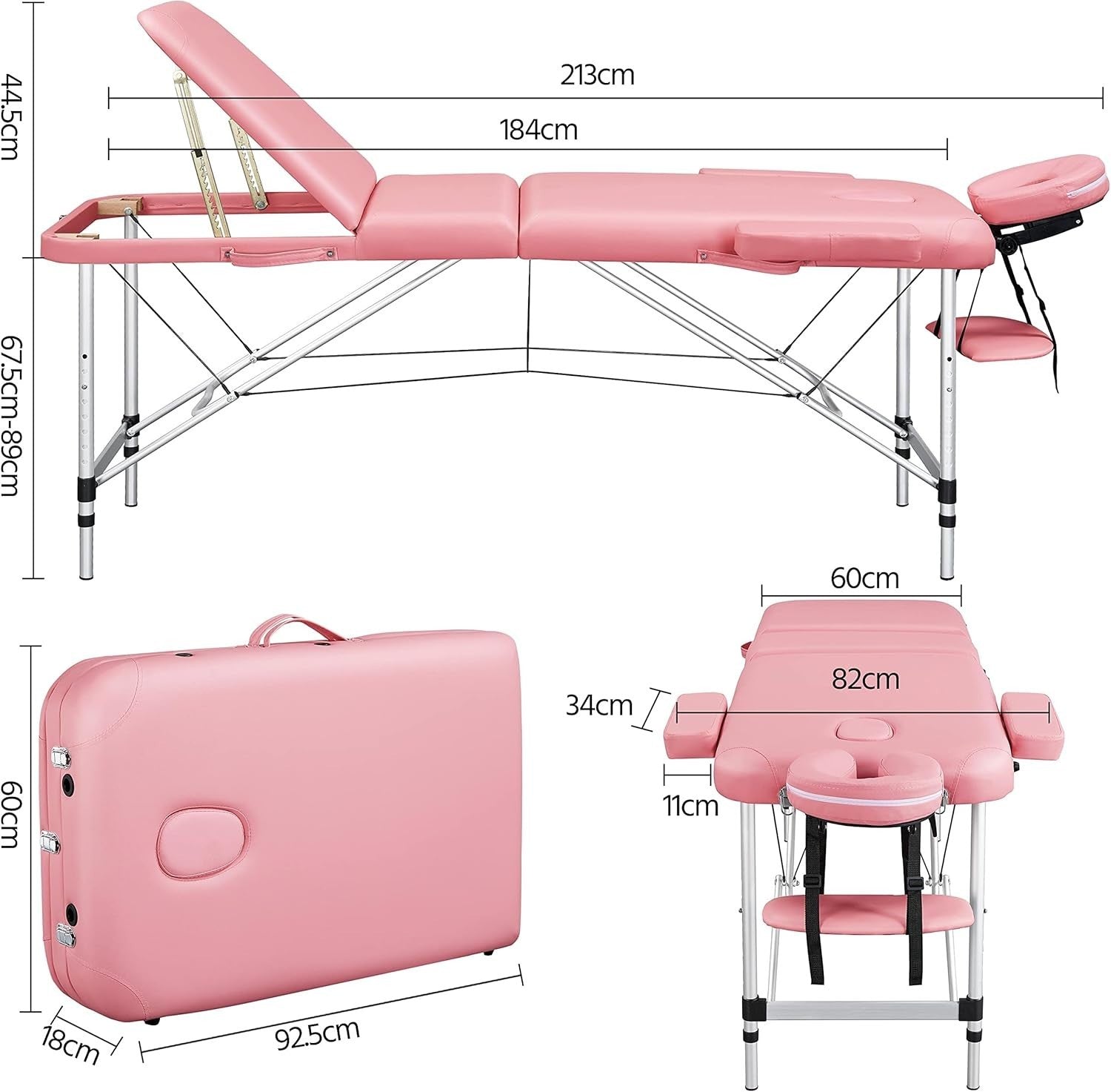 60cm 3-Section Portable Massage Table | Foldable Pink Lash Beauty Bed Aluminium