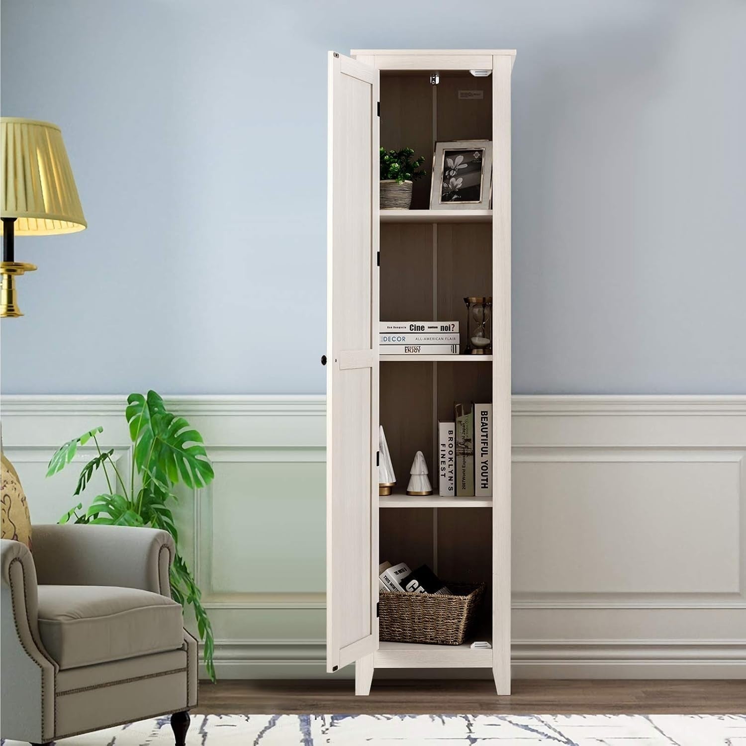 Tall Bathroom Storage Cabinet 4 Shelves, Narrow Wooden Cupboard 46x40x183cm
